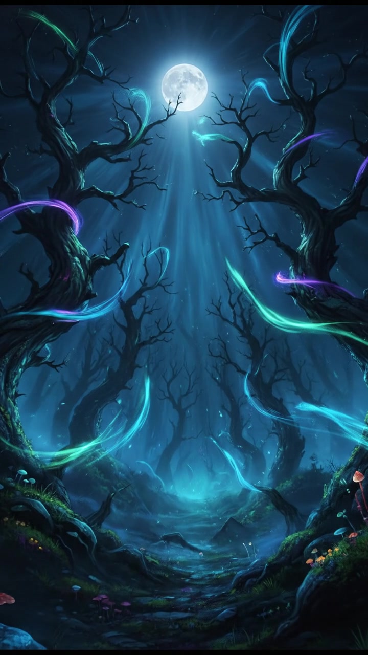 A dark, spooky forest lit by a full moon, branches swaying in the wind.