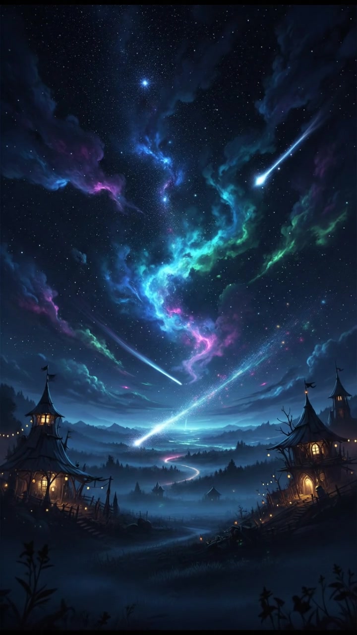 A serene night sky filled with twinkling stars above a peaceful landscape, symbolizing childhood dreams and imagination.