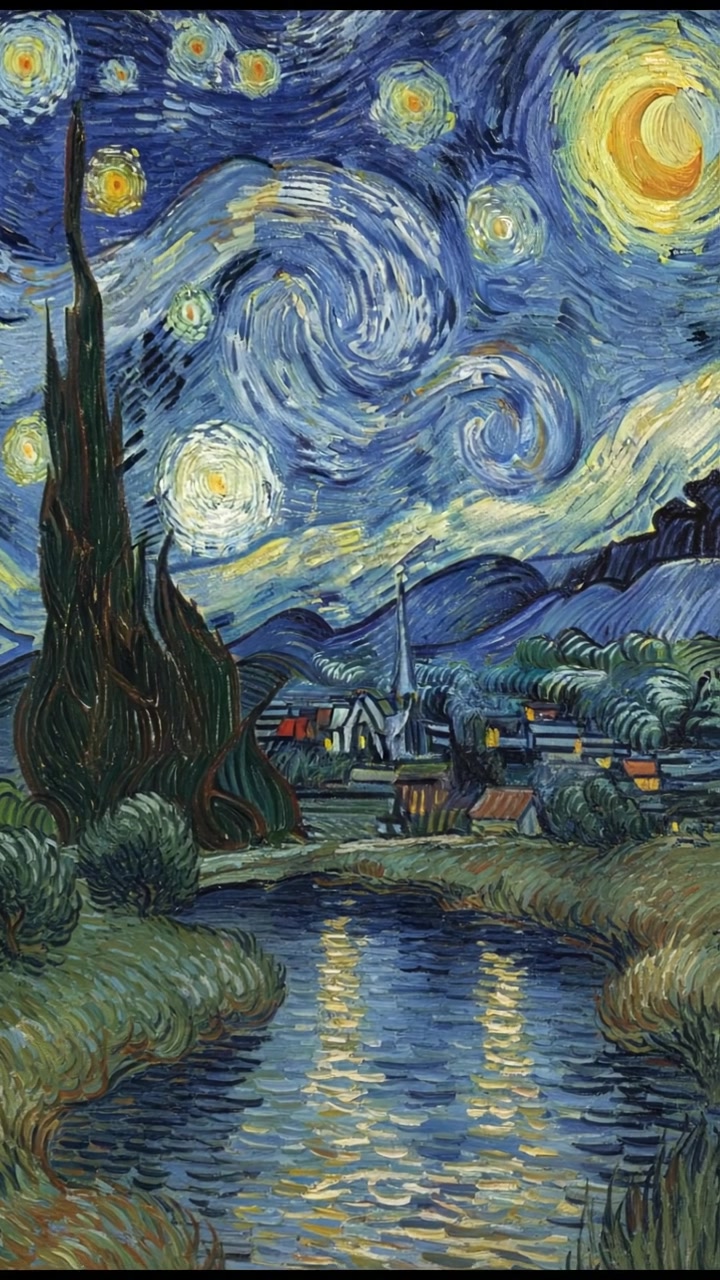 A starry night sky with swirling stars over a quiet countryside, reminiscent of Vincent van Gogh's paintings.