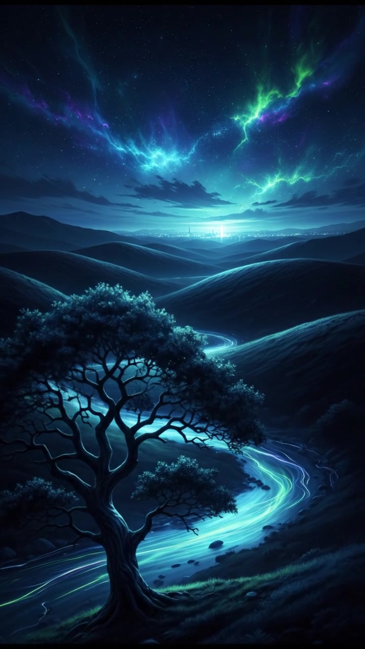 A serene landscape with rolling hills, a clear blue sky, and a single tree in the foreground.