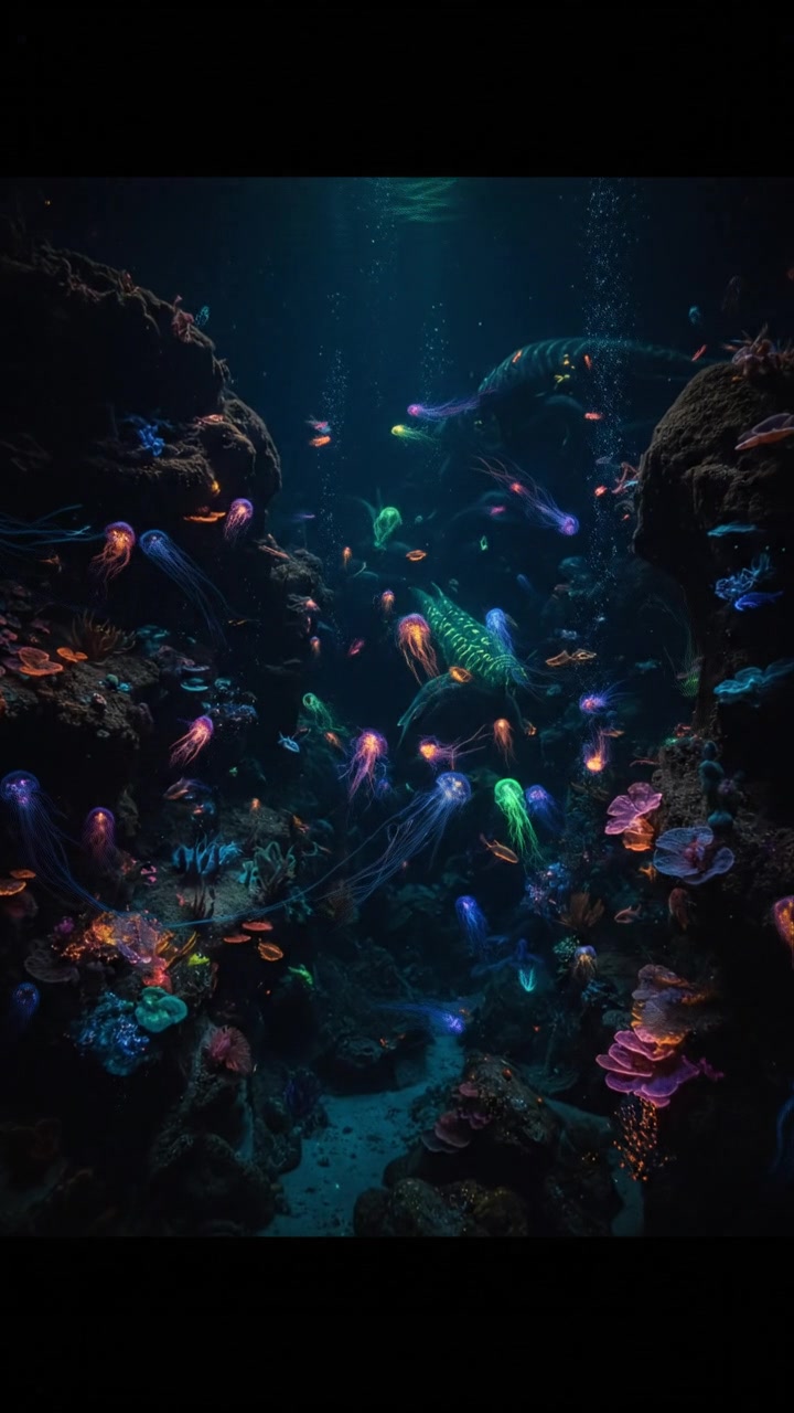 The deep, dark sea filled with faintly glowing creatures swimming among underwater rocks.
