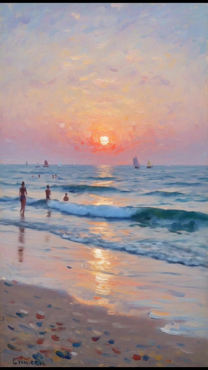 A tranquil beach scene at sunset with gentle waves lapping at the shore.