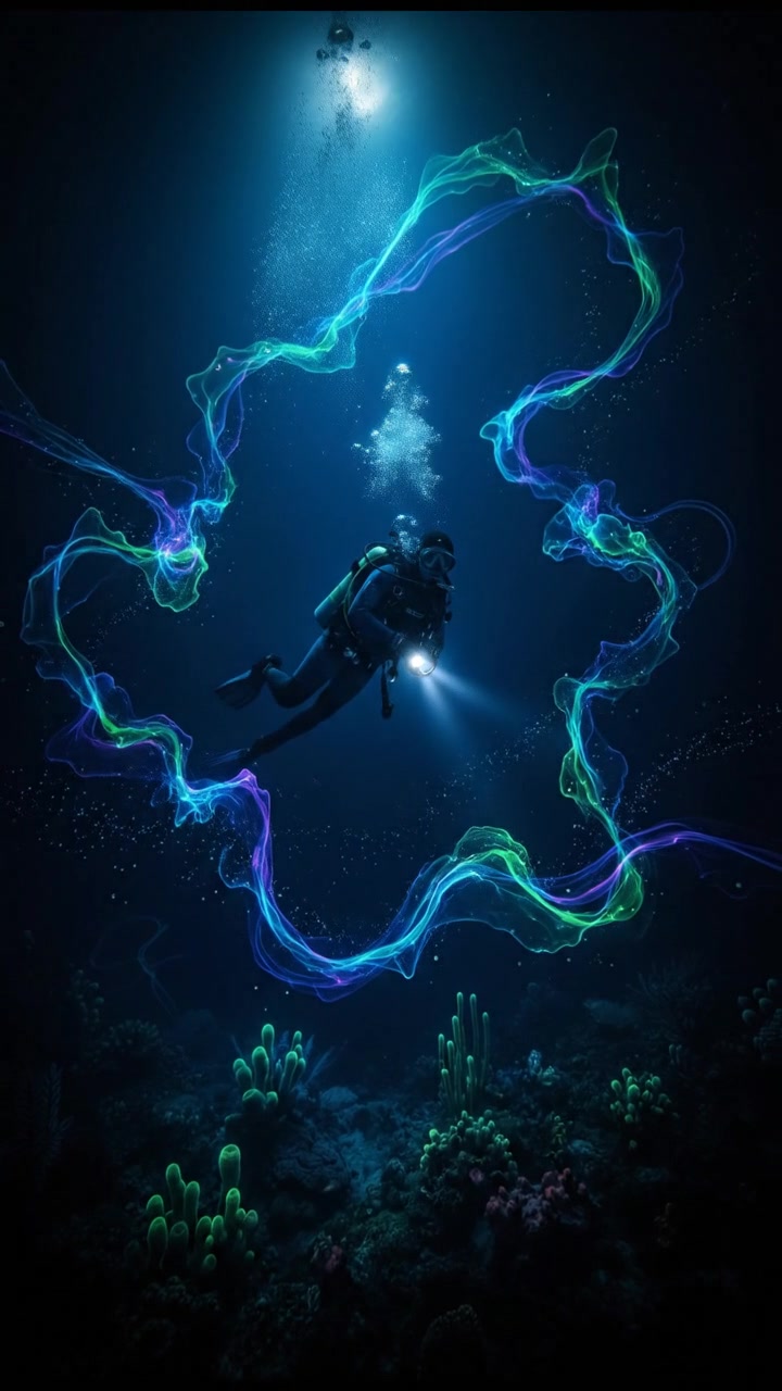 A scuba diver descending into the deep sea, surrounded by dark waters and fading light.