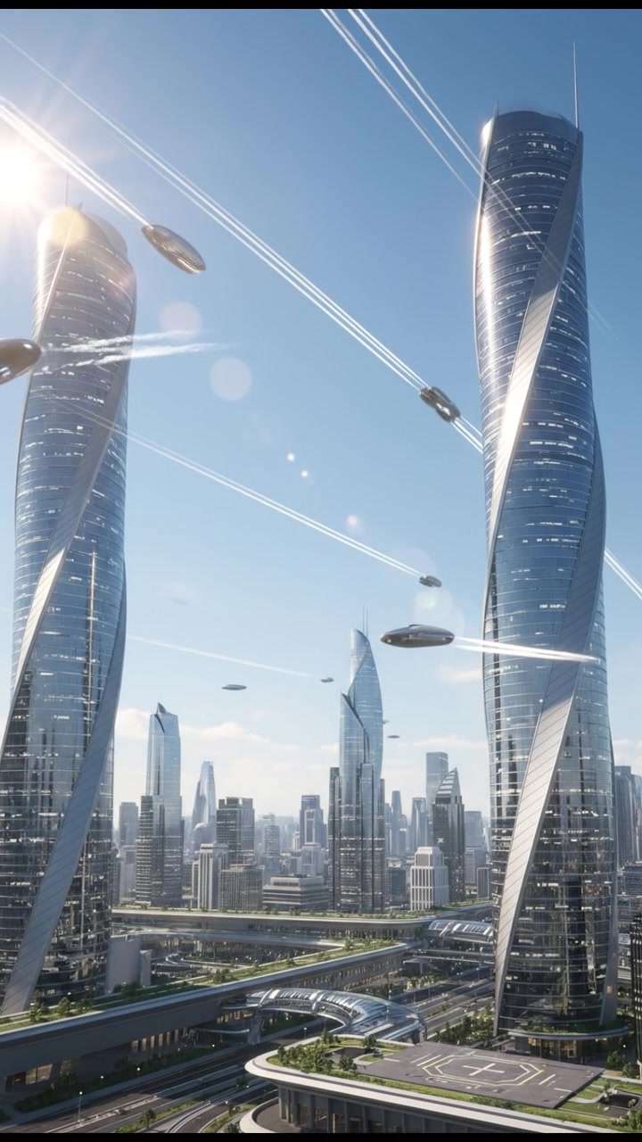 Futuristic Tower: A Drone's Night Flight Over a Neon Mega-City