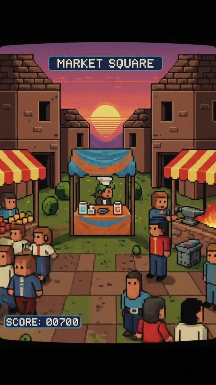 A bustling marketplace with people interacting, surrounded by colorful vendors' stalls.