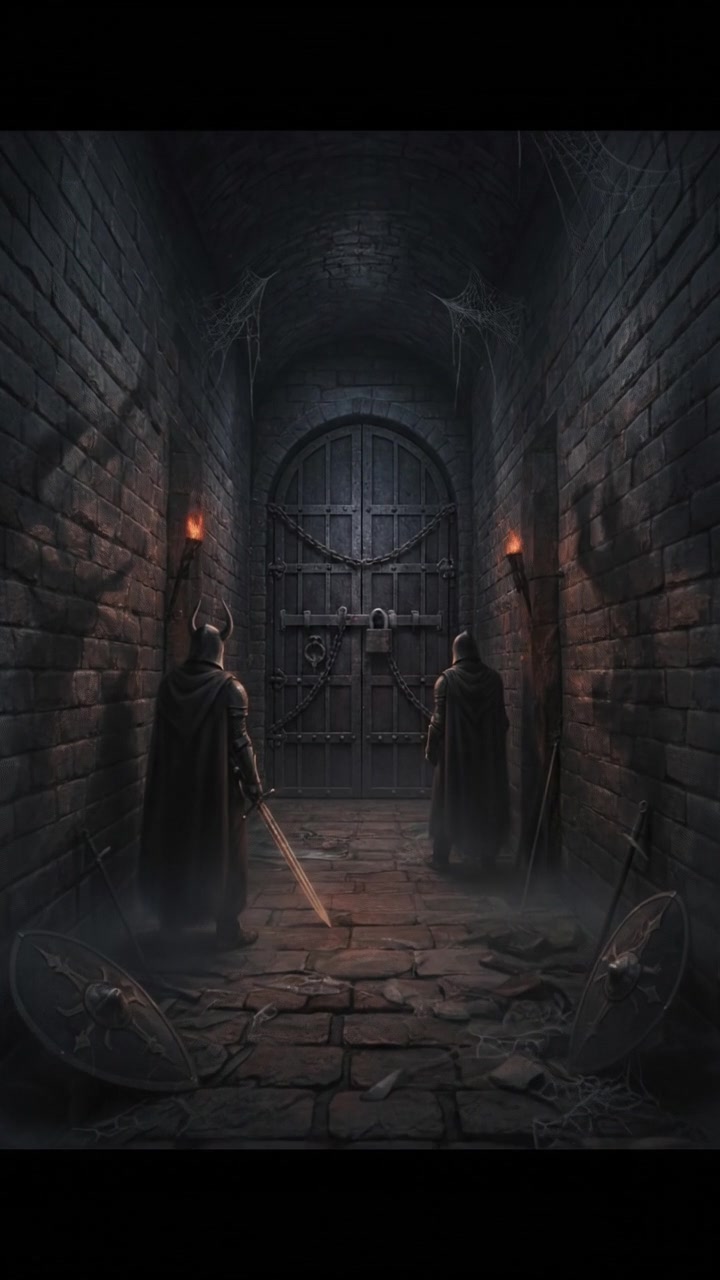 A view of the dark hallway with a locked door at the end, shadows lurking.