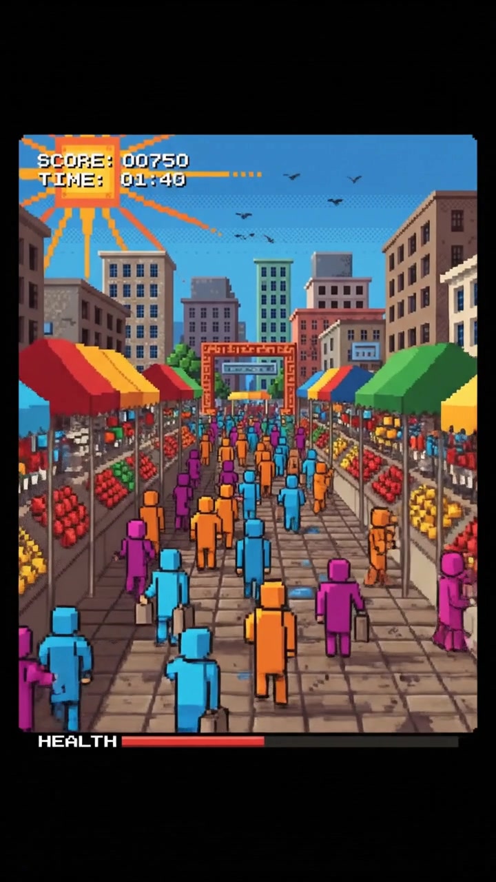 A bustling urban marketplace filled with crowds, stalls, and colorful goods.