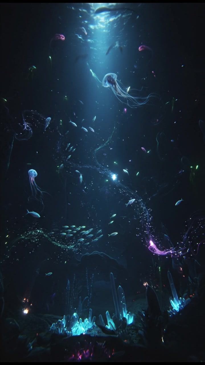 A dark deep-sea abyss with faint light filtering down, creating an ominous atmosphere.