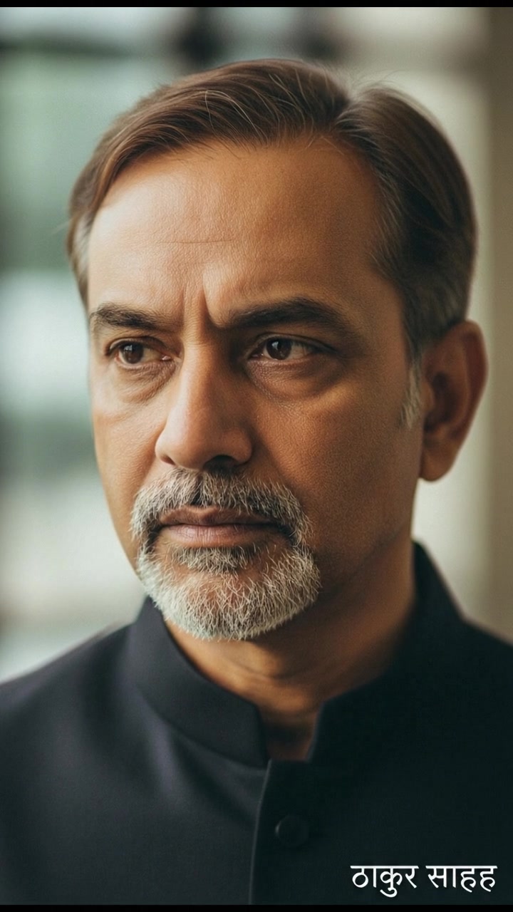 A close-up of ठाकुर साहब's thoughtful face as he considers the situation with a serious expression.