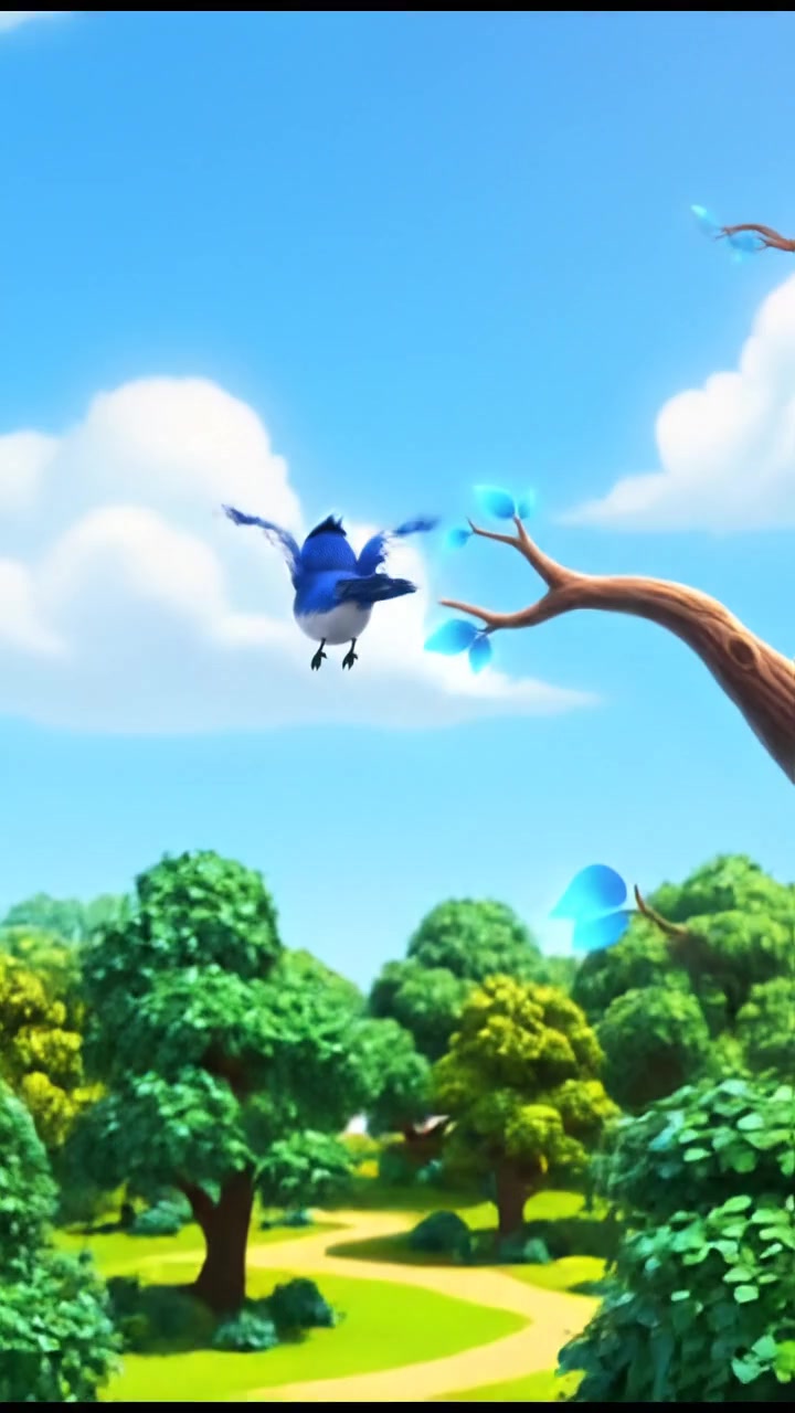 Pigeon perched on a branch, looking joyful, with a bright blue sky in the background.