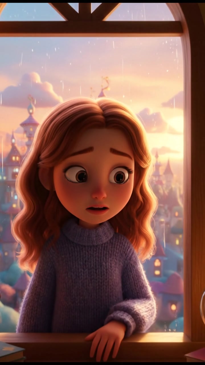 Mira staring out her window, deep in thought with a sad expression.