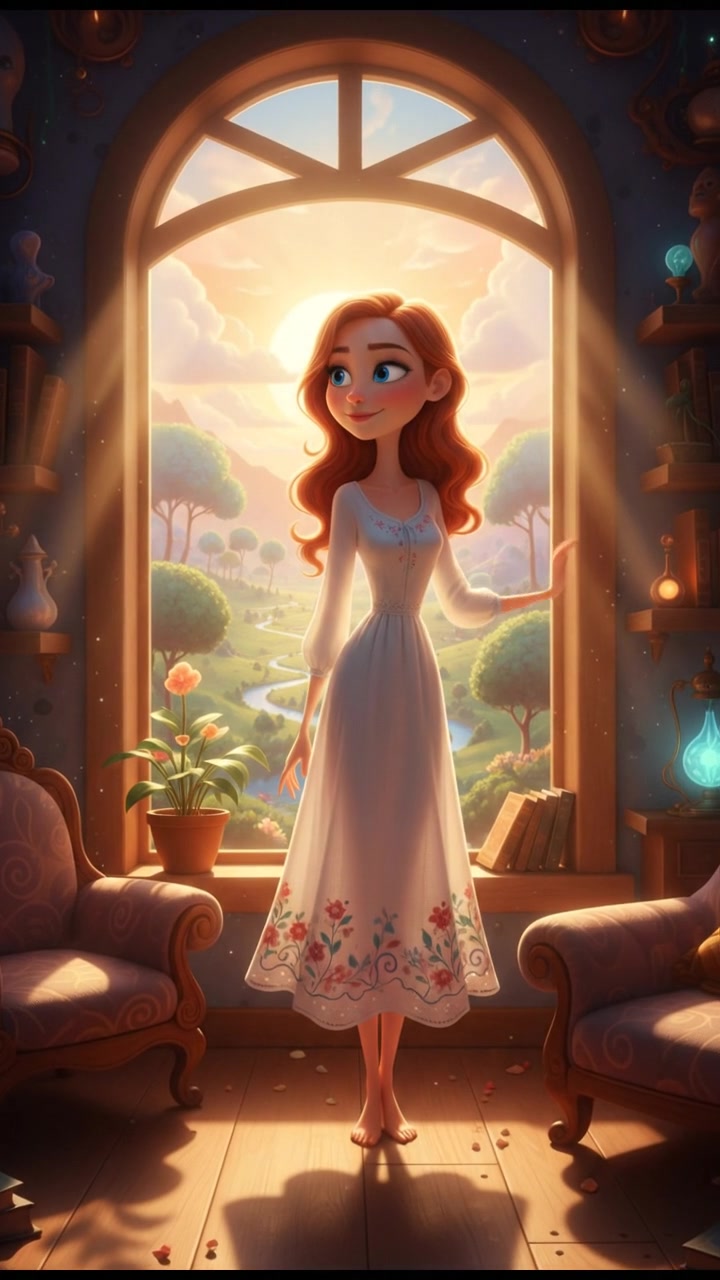 Jenna standing in front of a window, looking out with a tranquil expression, morning light streaming in.