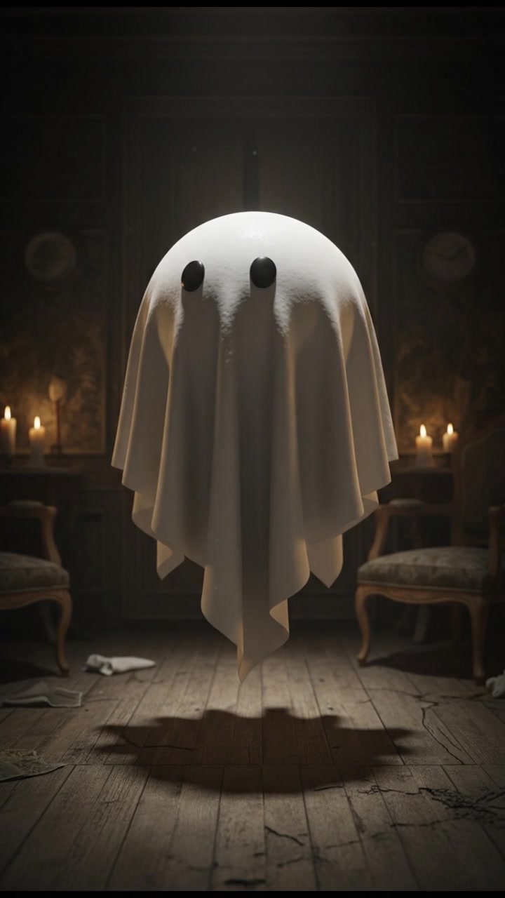 A close-up of Boo, the ghost with a flowing white sheet, floating gently in a dimly lit room.