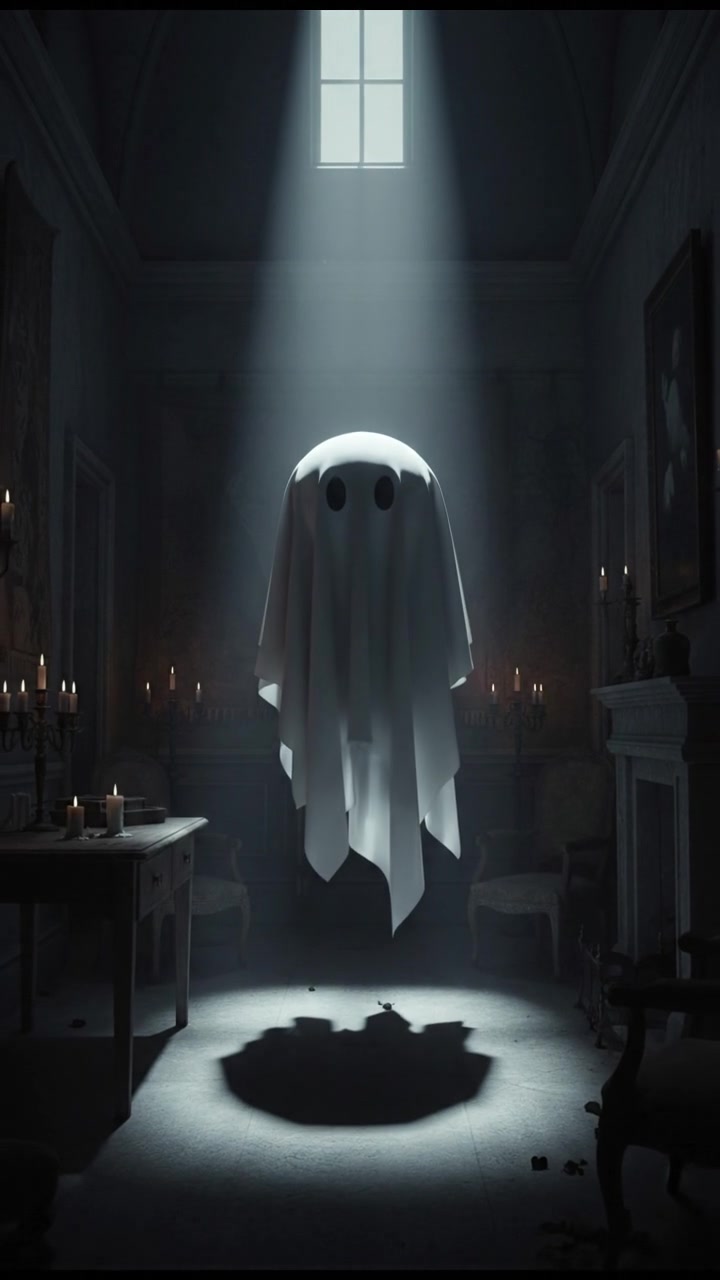 A dimly lit room with a pale light, highlighting Suara Perempuan floating gently, her white sheet-like drapery flowing softly.