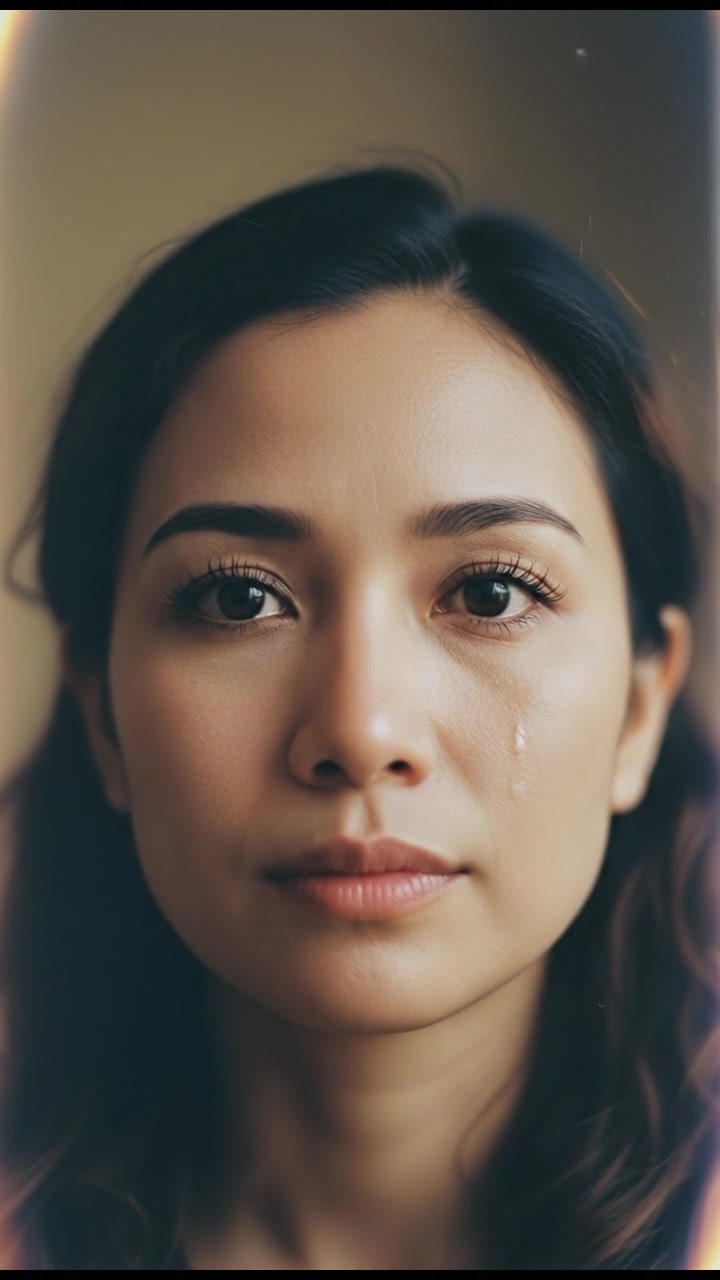 A close-up of Awan's face, showing a serene expression with a hint of sadness in her eyes.
