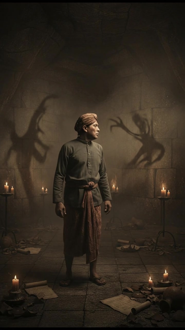 Pak Sama stands alone in a dimly lit room, looking around with a puzzled expression as strange shadows flicker on the walls.