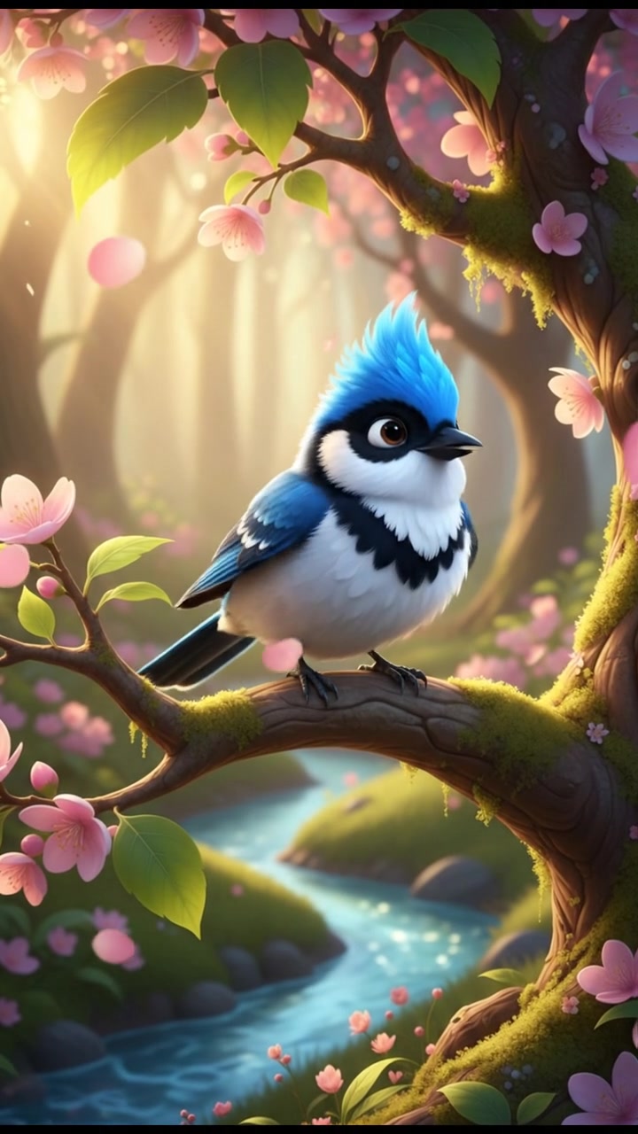 Kabootar perched on a branch of a tree, its bright blue crest and feathers visible in the sunlight.