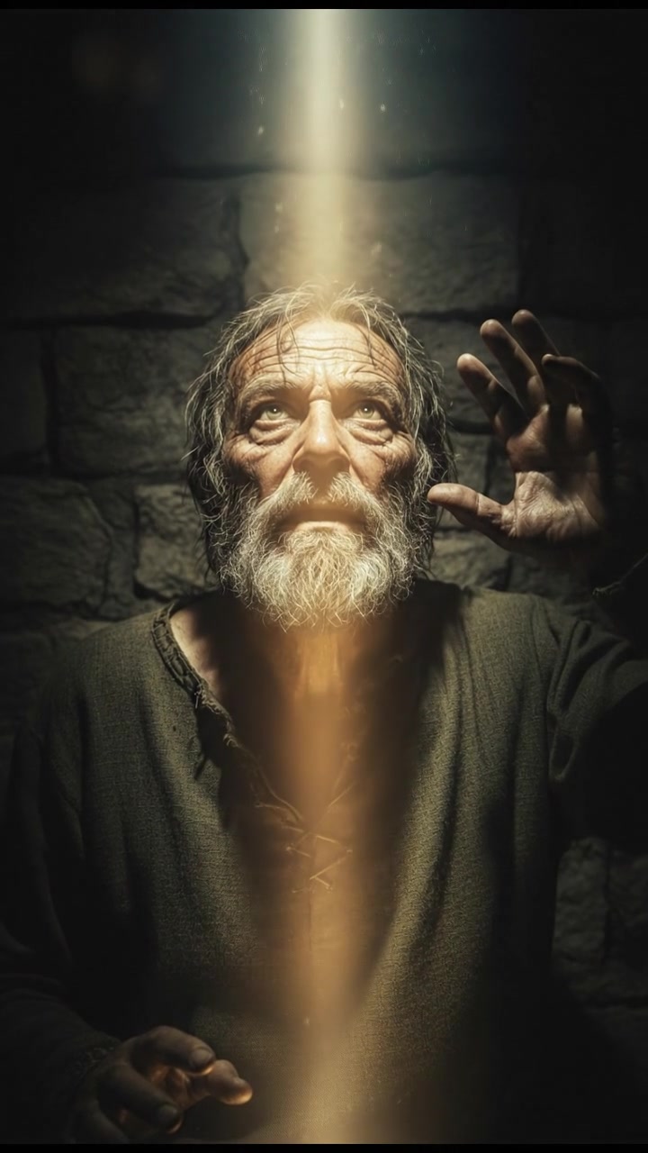 A close-up of Old Man Hemlock's face, filled with disbelief as he gazes at the descending light.