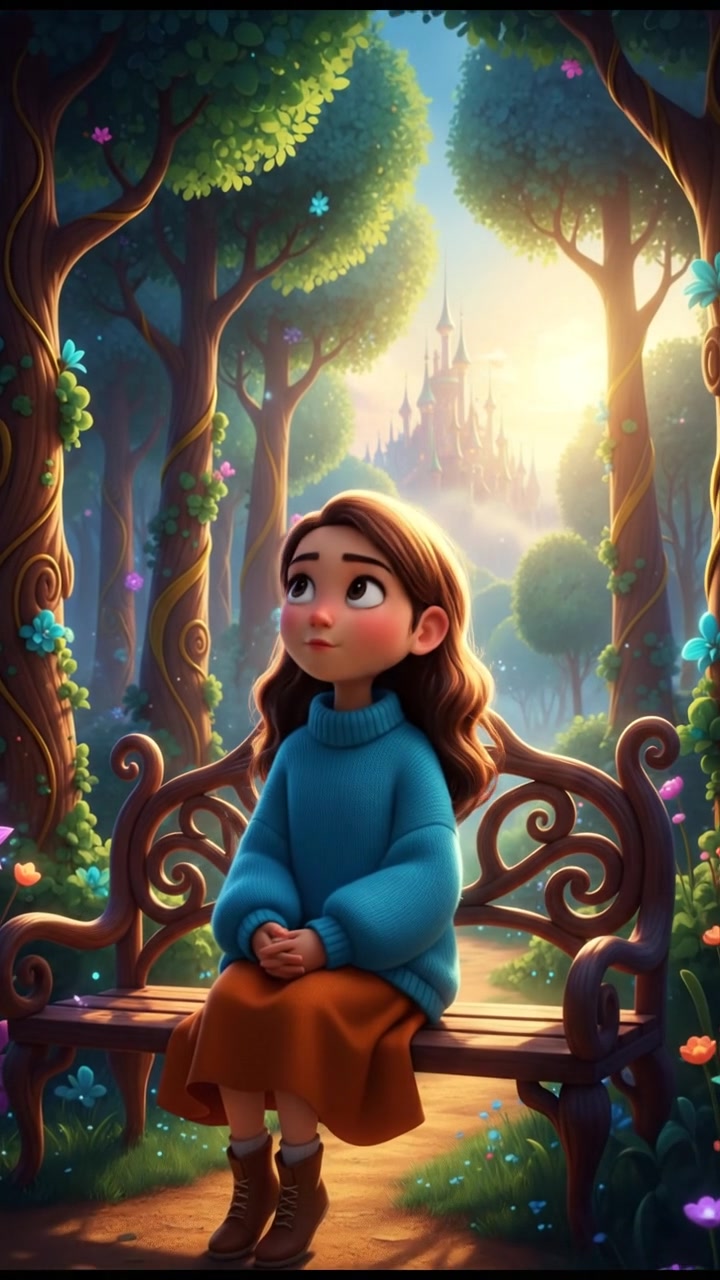 Hana, sitting on a park bench, gazes thoughtfully into the distance, with trees surrounding her.