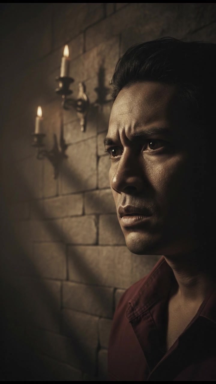 A close-up of Bima's worried face, glancing sideways in hesitation.