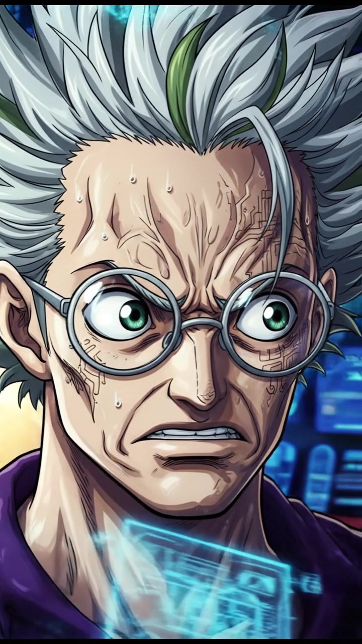 Close-up of Vegapunk's face, showcasing his intense expression as he contemplates the situation.