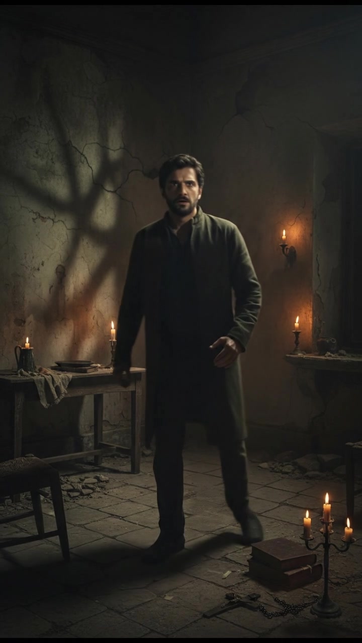 Farhan, looking worried, stands in a dimly lit room with shadows creeping along the walls.