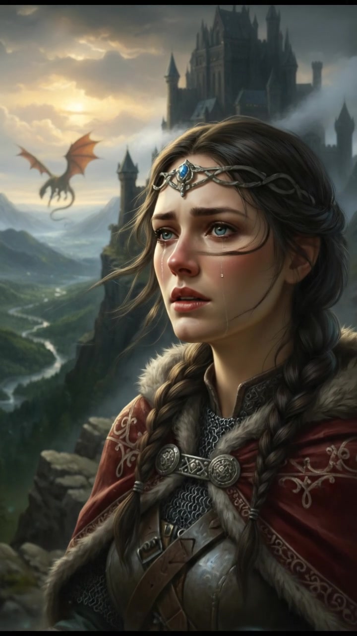 A close-up of the Woman on the Cliff's face, showing a mix of emotions as she gazes.