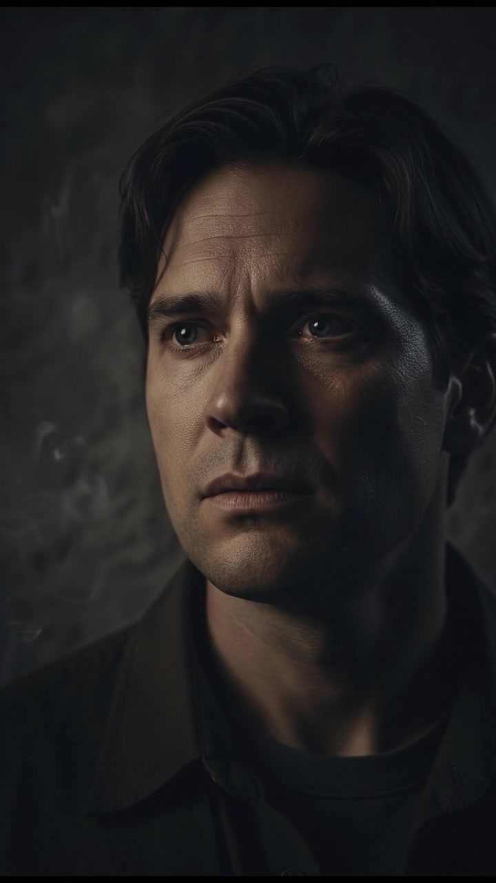 A close-up of Mike’s tense expression, focusing on his worried eyes as he hears faint whispers.