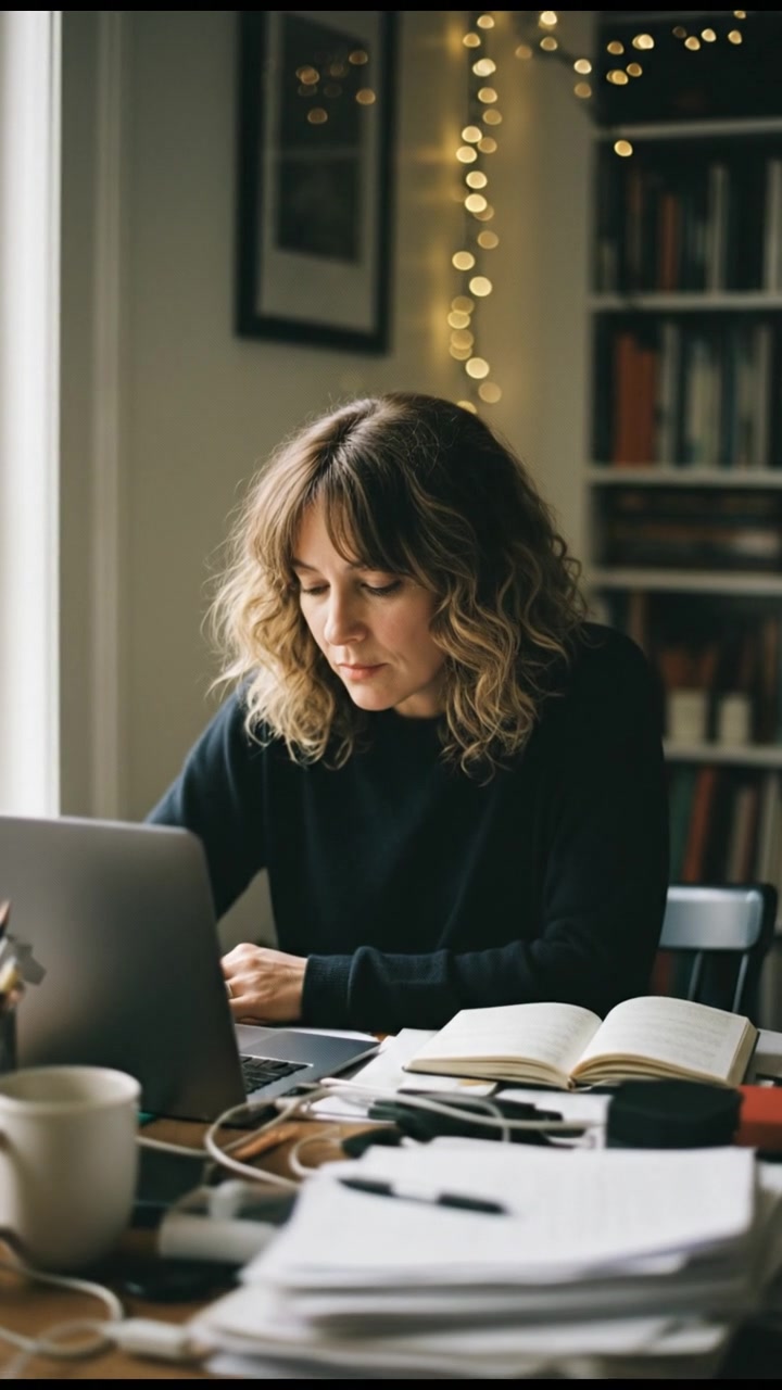 A woman in her mid 40s, sitting at a desk cluttered with a laptop and papers, looking focused.