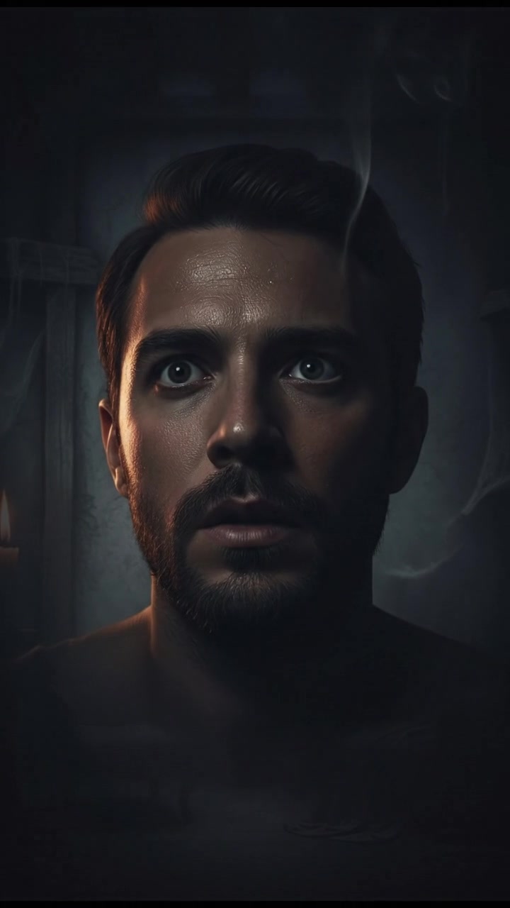 A close-up of Ardi's face, eyes wide open, looking confused in a dimly lit room.