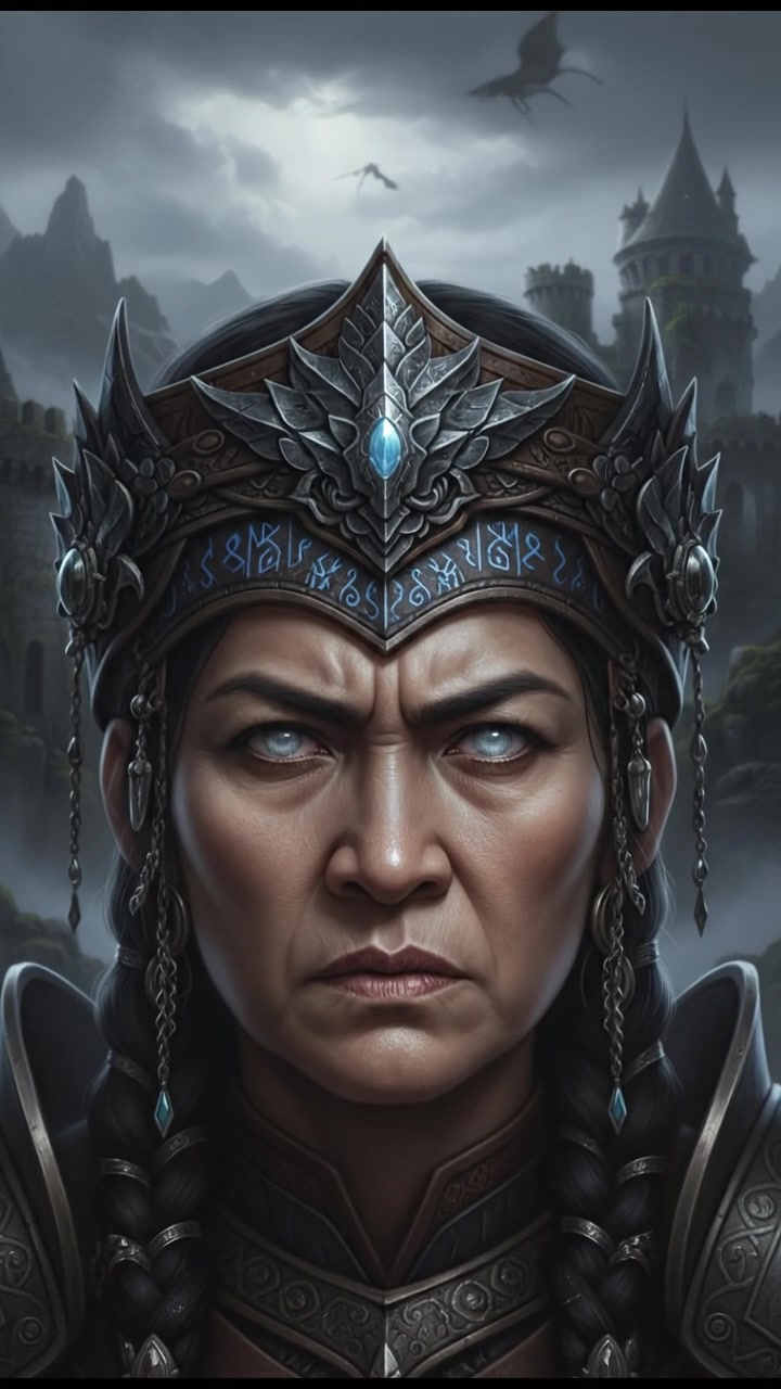 A close-up of Cut Nyak Dhien's face, determined despite her eyes being clouded.