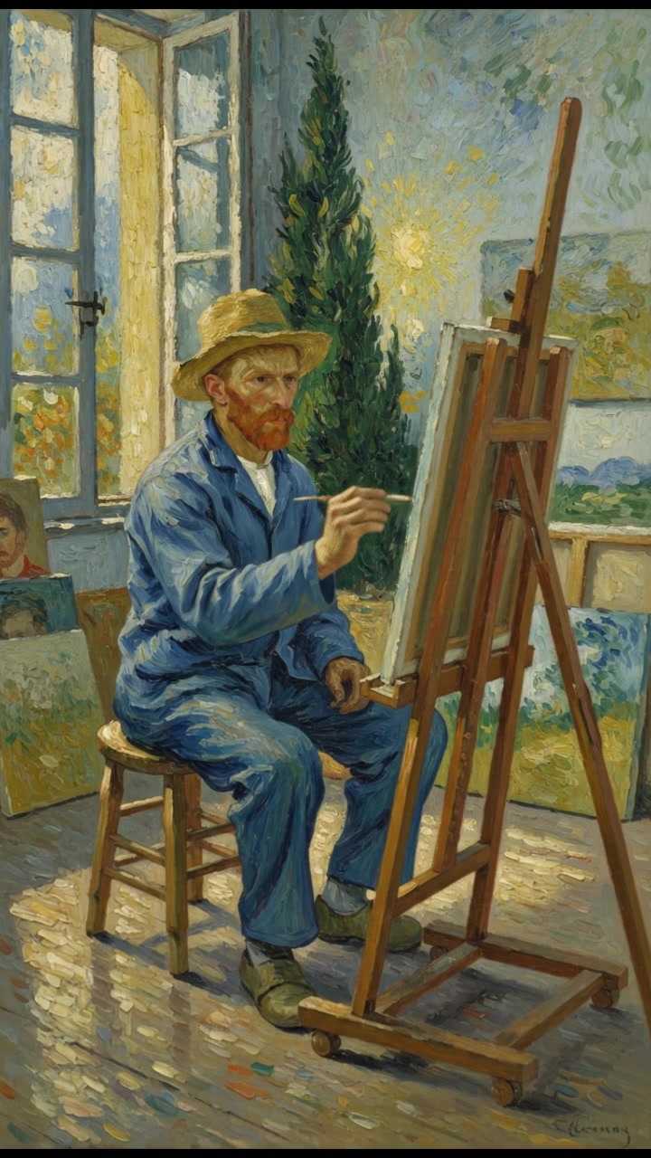 A close-up of Vincent Van Gogh painting at an easel, surrounded by canvases in his studio.