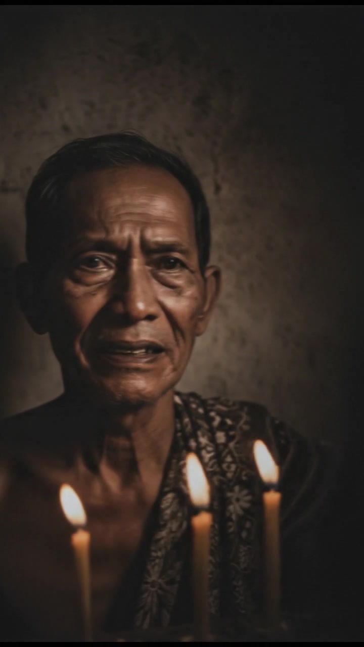 A close-up of Kakek Tua's concerned expression as he warns them.