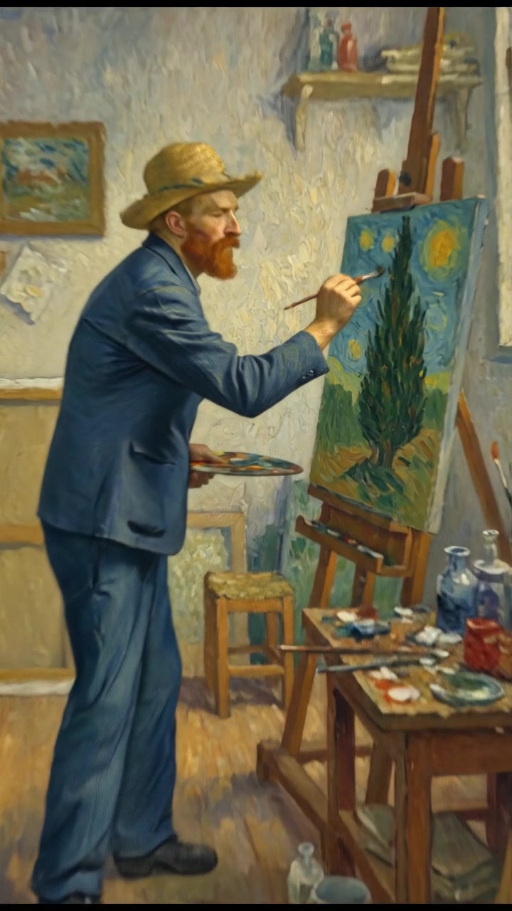 Vincent Van Gogh, focused, paints in a small, dimly lit studio with canvases and brushes scattered around.