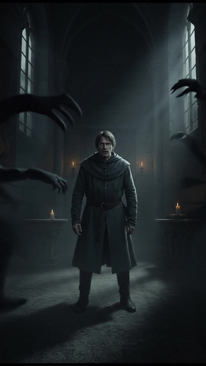 Arthur standing alone in a dimly lit room, looking anxious as shadows loom around him.