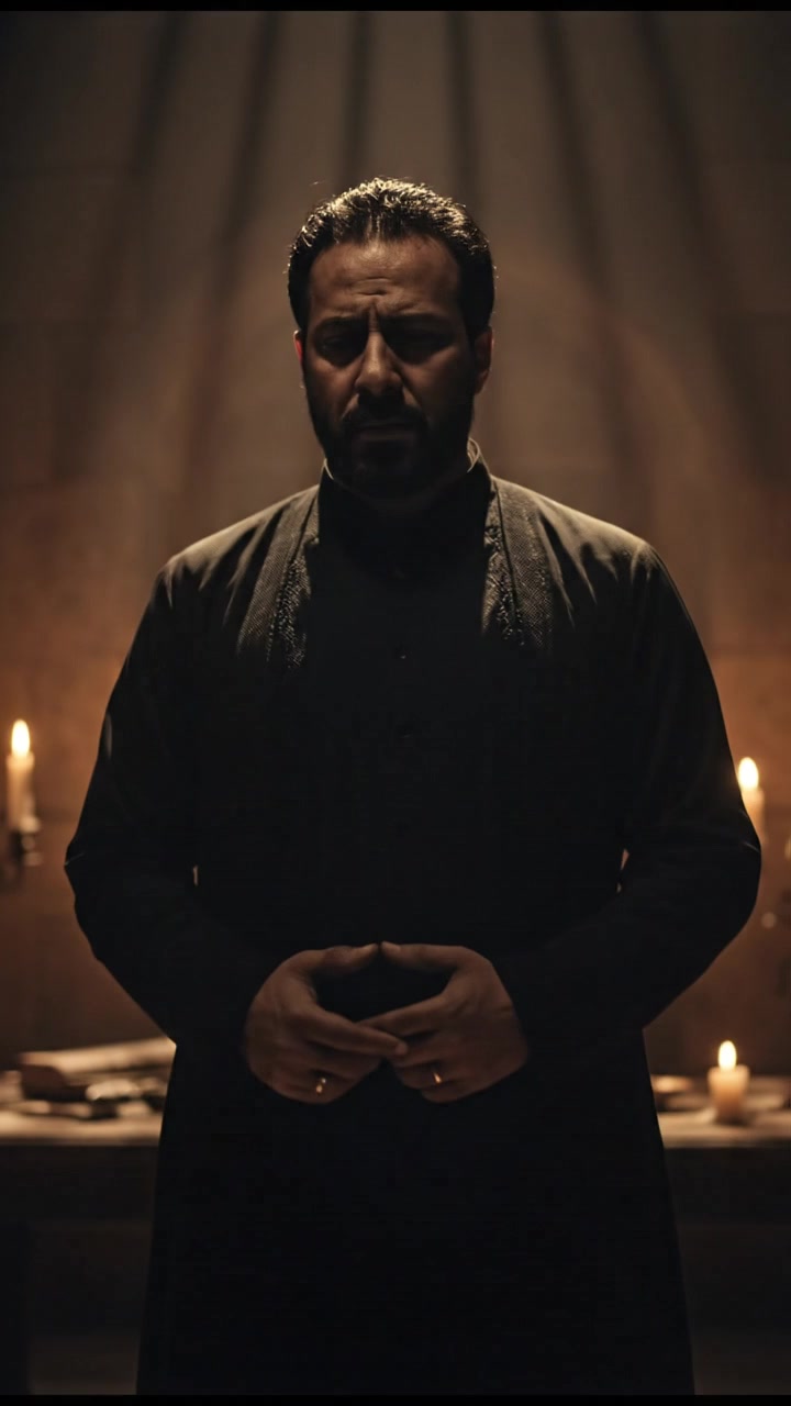 Abdul Majeed standing alone in a dimly lit room, looking pensive and troubled, with shadows cast on the walls.