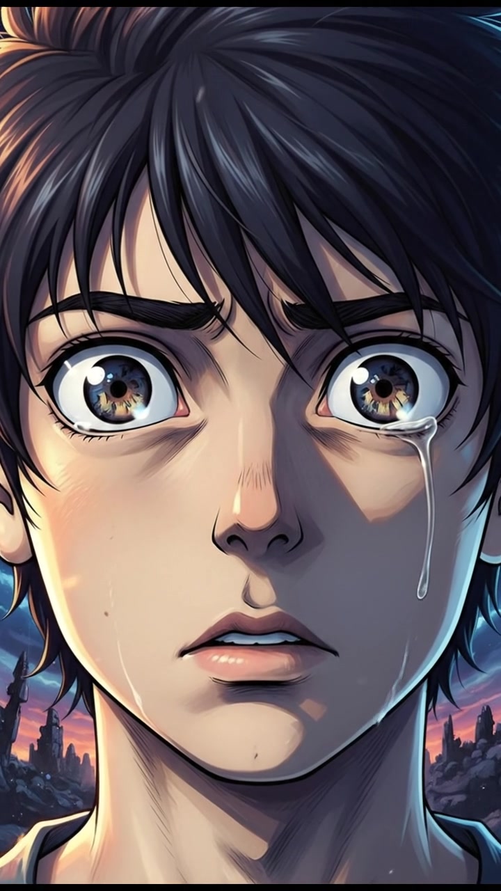 A close-up of Ubaidah's anxious eyes, reflecting his fears and worries.