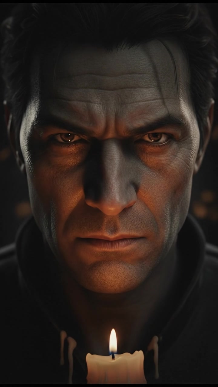 A close-up of Luther Vescari's intense eyes as shadows play across his face.