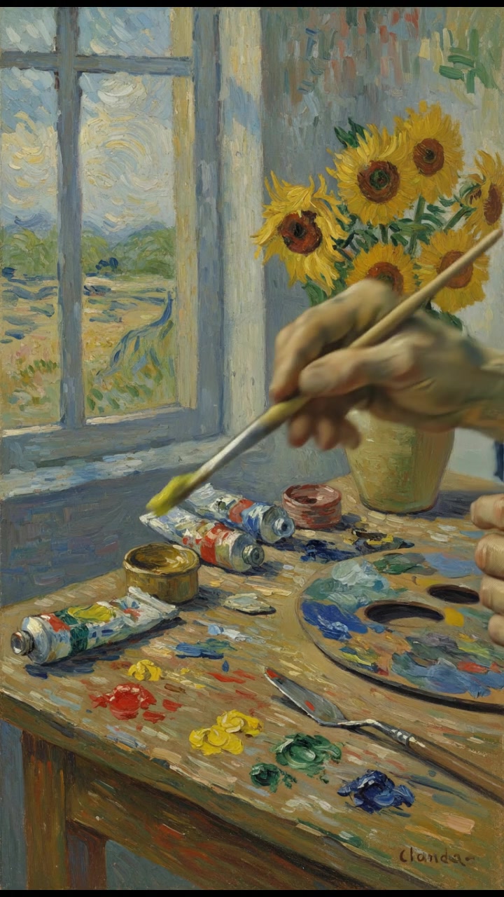 A close-up of Vincent Van Gogh's hands holding a paintbrush, with paint splatters on the table.