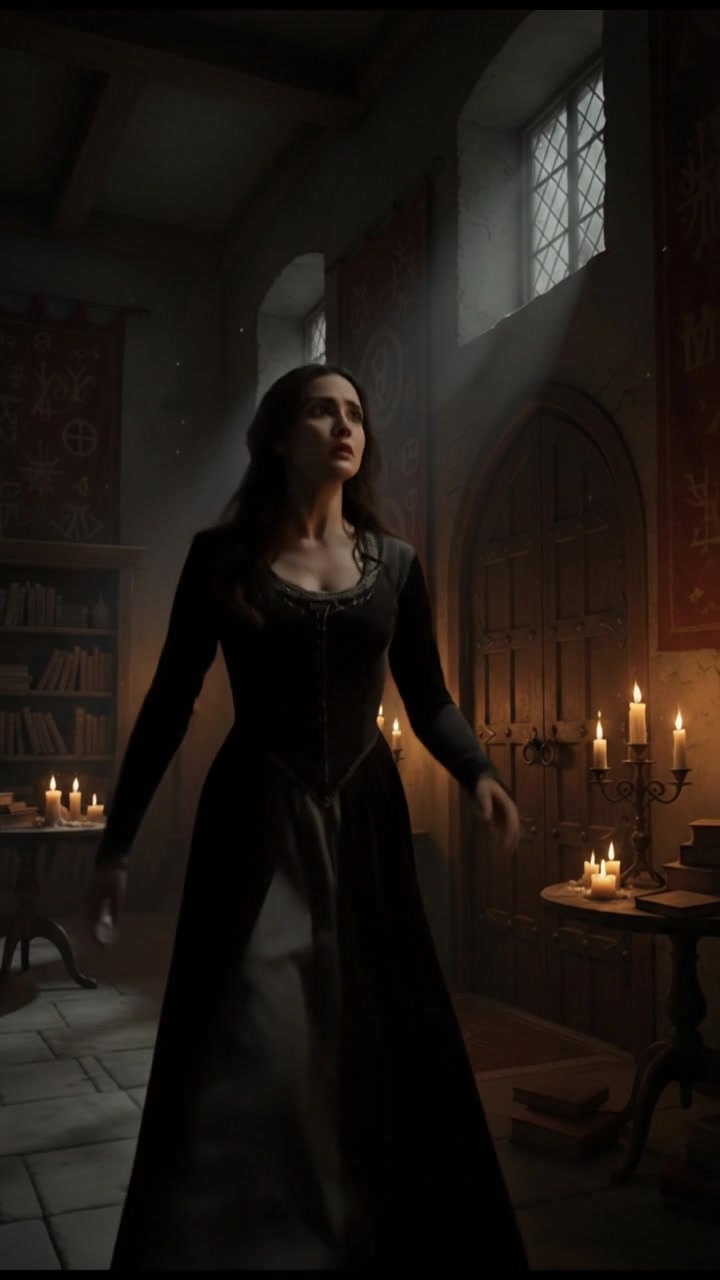 Andra standing in a dimly lit room, looking towards a closed door with an anxious expression.