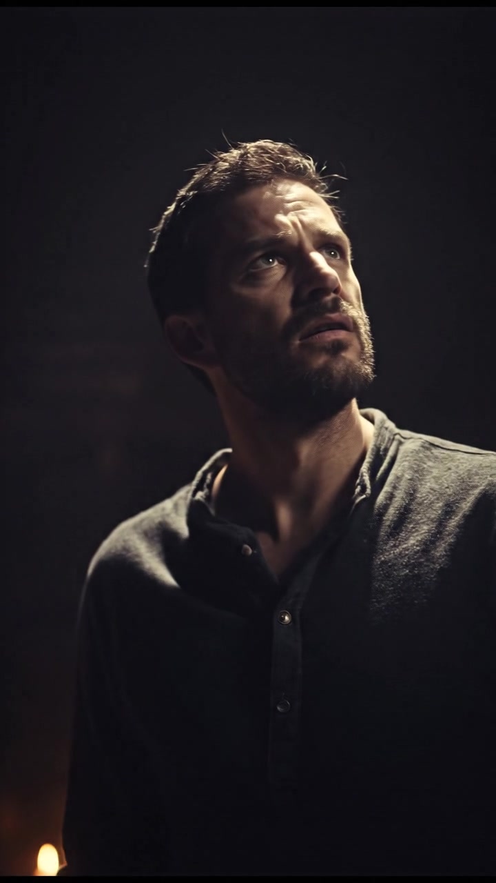 Andra standing still in a dimly lit room, his expression tense as he listens intently.