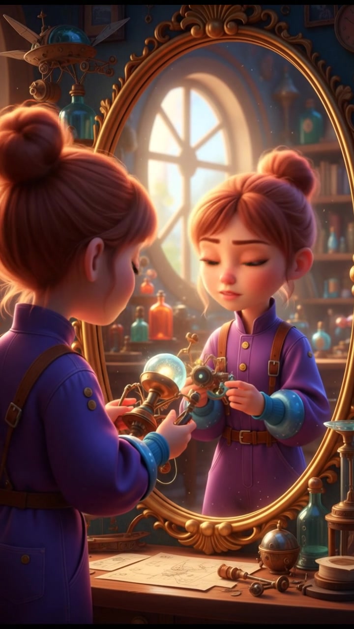 Mia in front of a mirror, looking at herself with a focused expression.