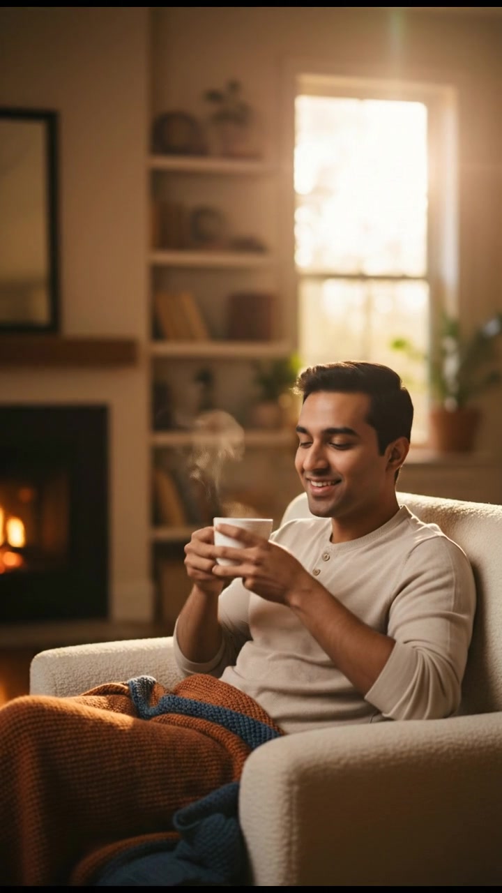 Kishan sitting comfortably in a cozy armchair, holding a cup of tea, with a warm smile.