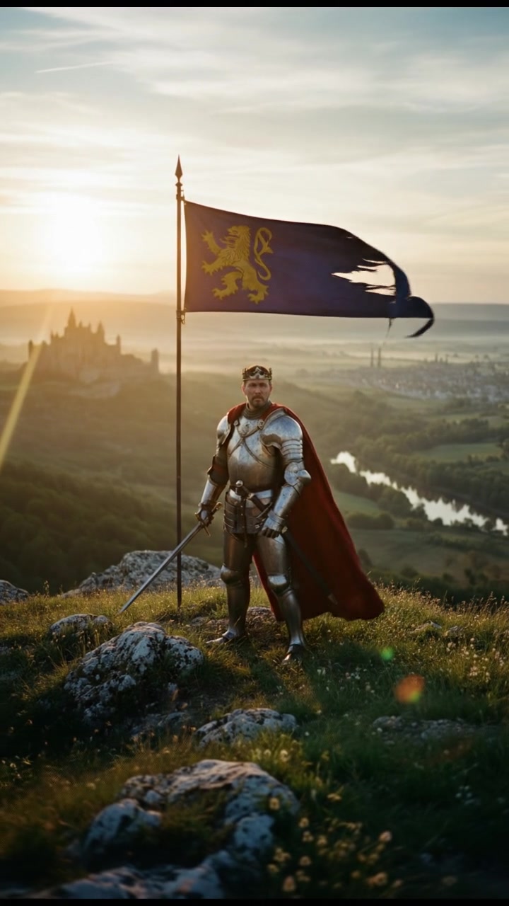 The King looking determined, standing on a hill overlooking a vast landscape.