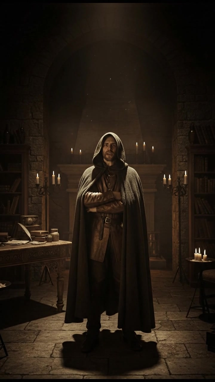 The Narrator standing pensively in a shadowy room, speaking with mystery.