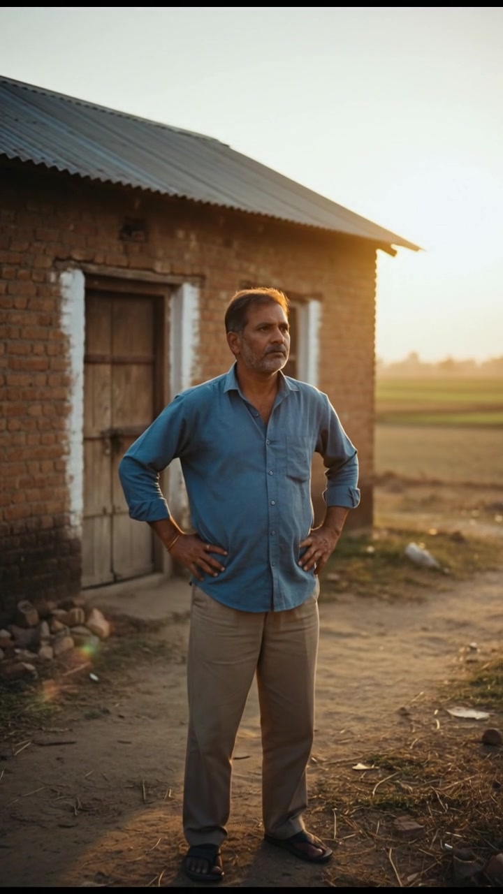 Raju standing in front of his small home, gazing into the distance with determination in his eyes.