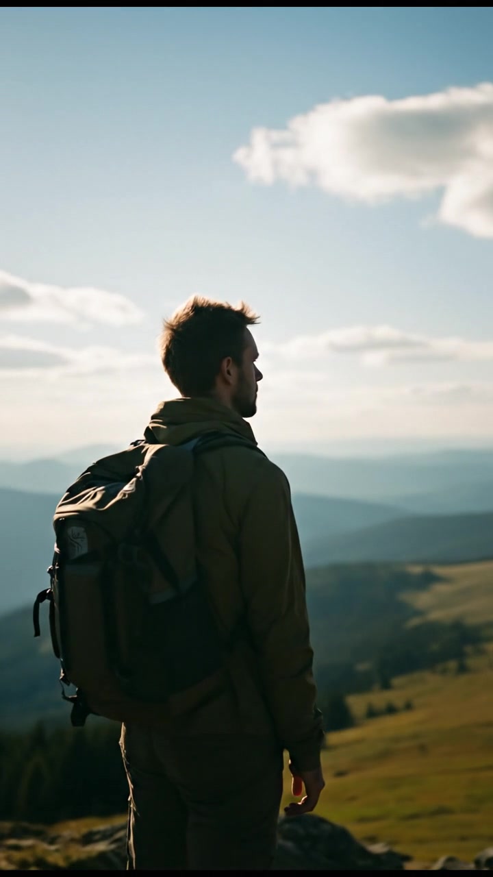 The Narrator stands on a mountain peak, looking out over a vast landscape of rolling hills and blue sky.