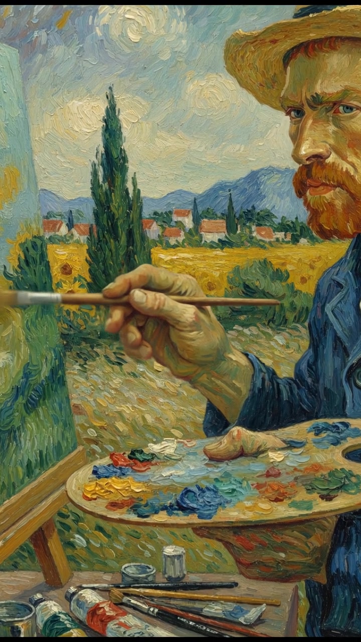 A close-up of Vincent Van Gogh's hands painting, emphasizing his focus and dedication.