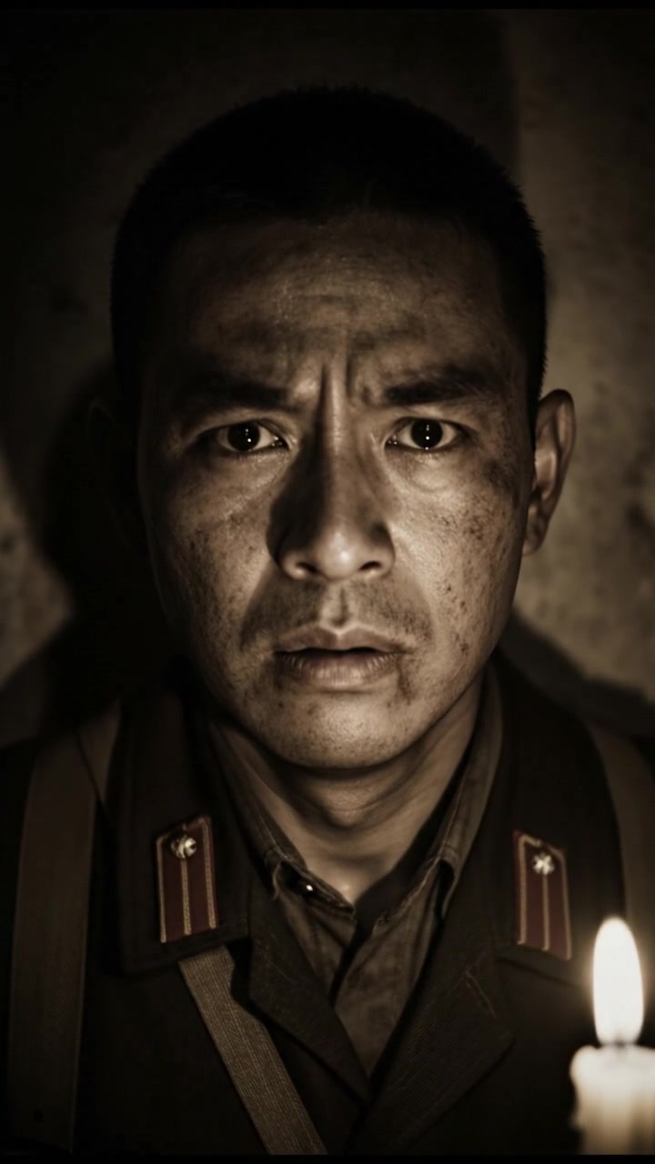 A close-up of Tentara Jepang's face, showing fear mixed with unwavering determination.