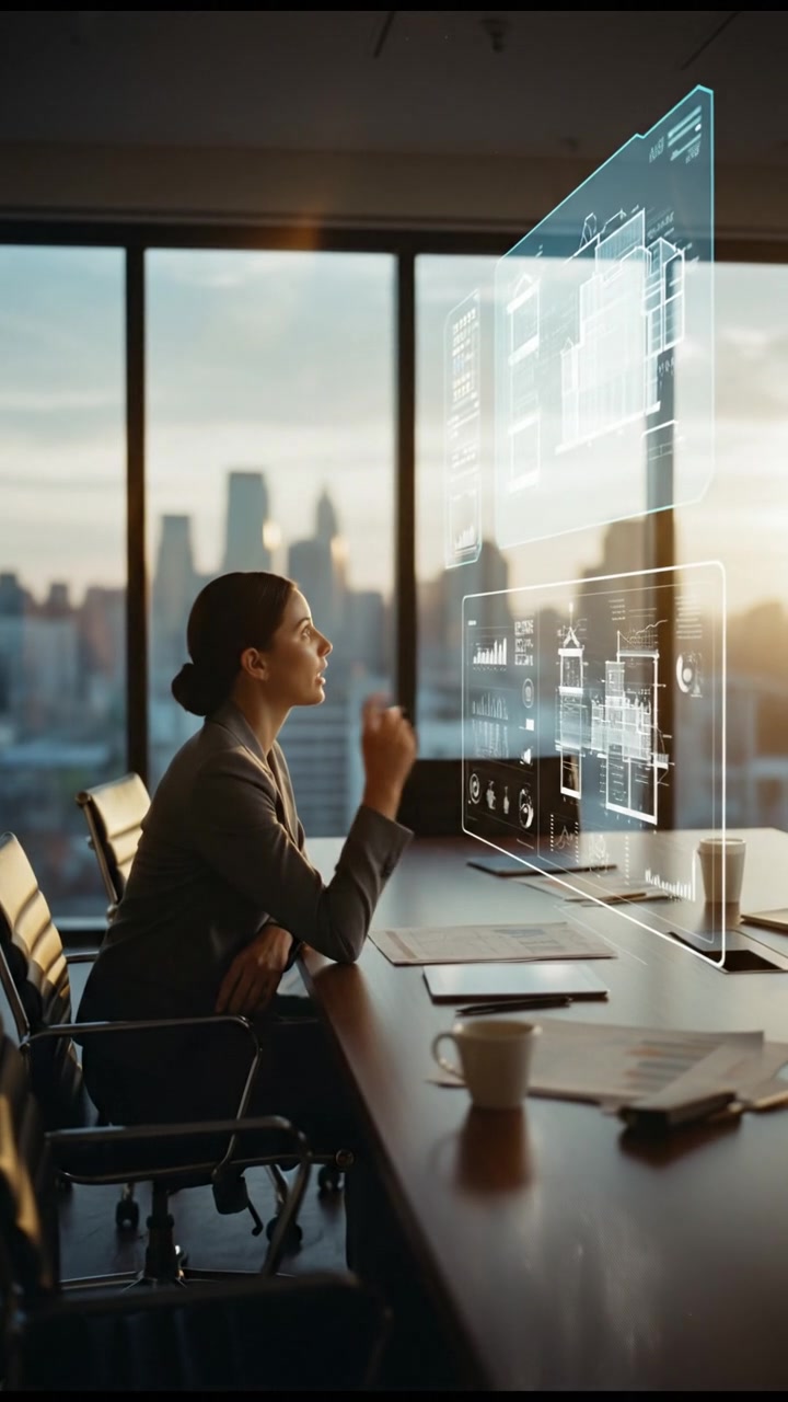 A businessperson in a sleek office, reviewing plans with a confident posture.